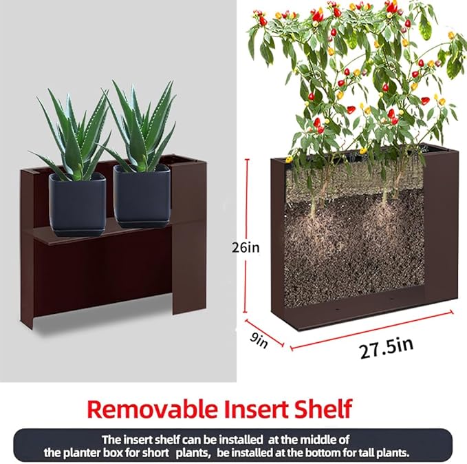 Metal Tall Long Planter Box Large Rectangular Planter Flower Pot with Drainage Holes for Indoor Outdoor Deck Porch Garden Home Patio Front Door (Espresso, S)