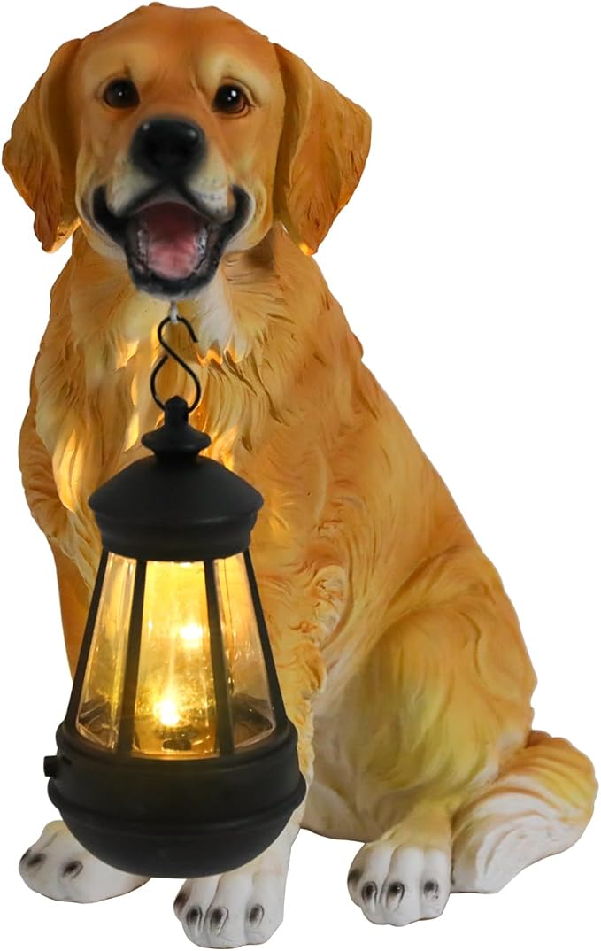 Afirst Solar Dog Statue Garden Decor, Outdoor Statue Decor with Solar Lantern Lovely Golden Retriever Figurine Patio Lawn Yard Art Ornaments Housewarming Gift