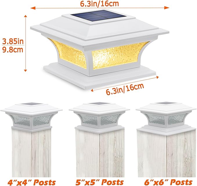 SIEDiNLAR Solar Post Cap Lights Outdoor Glass LED Fence Deck Light 2 Modes for 4x4 5x5 6x6 Vinyl Wooden Posts Patio Garden Decoration Warm White/Cool White Lighting White (6 Pack)