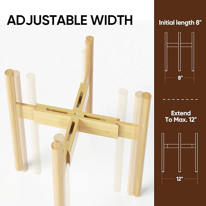 MUDEELA Adjustable Plant Stand Indoor, Bamboo Plant Stand 8 to 12 Inches, Single Floor Plant Stand for Indoor Plants, Bamboo Natural Planter Stand for Indoor Plants, Pot Plant Not Included