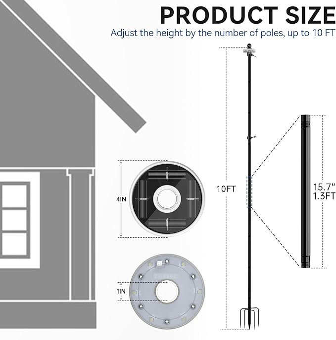 ZMTECH 10 FT Flag Pole in Ground with Solar Light, Heavy Duty Flag Pole Holder for Outside House with Solar Light and 5 Pronges Base, Flag Pole Kit for Outdoor Garden Decor(1 Pack,Without Flag)