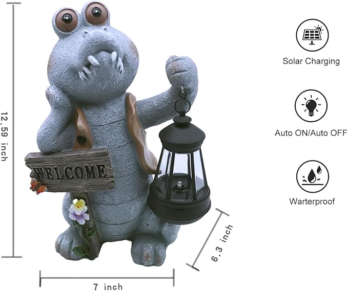 Solar Crocodile Decor-12.6 in Outdoor Statues for Garden,Patio,Porch,Balcony,Backyard or Lawn Decor- Birthday Gifts for Women