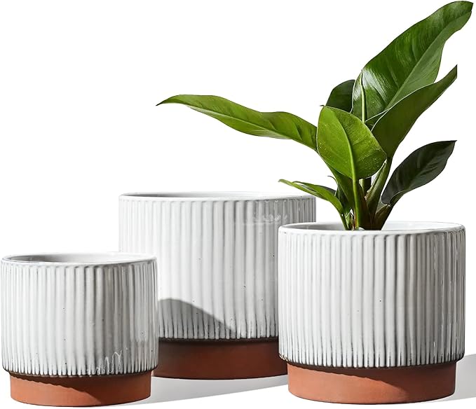 LE TAUCI Ceramic Plant Pots with Drainage Holes, Set of 3, 8+6.7+5.5 Inch Stripe Garden Planter Pots for Outdoor Indoor Plants Flower, Round Succulent Orchid Flower Pot, Reactive Glaze White