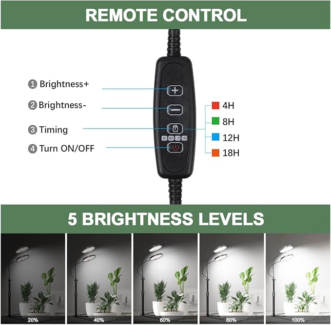 YEOLEH Grow Light for Indoor Desk Plants, 4.7’’ LED Dual Ring, 6000K White Gooseneck Full Spectrum Plant Growing Lamp with 5 Levels Brightness & Timer 4/8/12/18Hrs