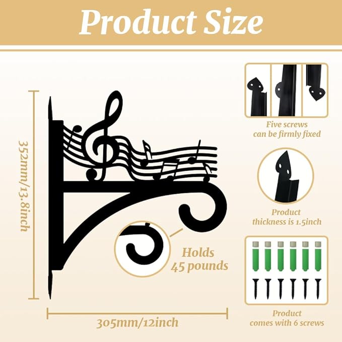 peacoblue Iron Plant Hangers Hooks for Outdoor Indoor Hanging Plants Flower Fern Pots Lantern Bird Feeder,12"x13.8" Weather Resistant Metal Wall Holder for Porch Garden Farmhouse(Music Notes)