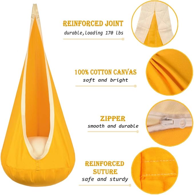 Kids Pod Swing Hanging Seat Child Hammock Chair Indoor and Outdoor Sensory Swings 100% Cotton Loading Capacity 170 lbs (Yellow)