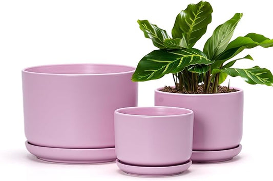 Ton Sin Plant Pots, 4.1+5.1+6.5 inch, Set of 3, Ceramic Planters with Drainage Hole and Saucer, Indoor Flower Pot with Hole Mesh Pad, Gifts for Mom(Matte Pink)