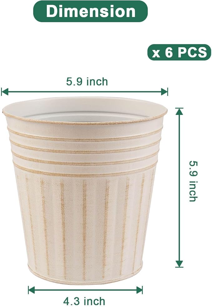 vensovo 6 Inch Beige Metal Rustic Flower Pots - 6Pcs Galvanized Planters with Drainage Hole and Rubber Plug, Rustproof Metal Bucket Plant Pots Farmhouse Vintage Style for Decor