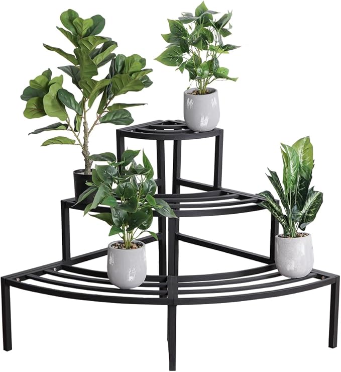 Black Corner Plant Stand - 3-Tier Space Saving Flower Pot Rack - Rustproof & Weather Resistant Indoor/Outdoor Ladder Display Shelf for Patio, Garden, Yard, Balcony