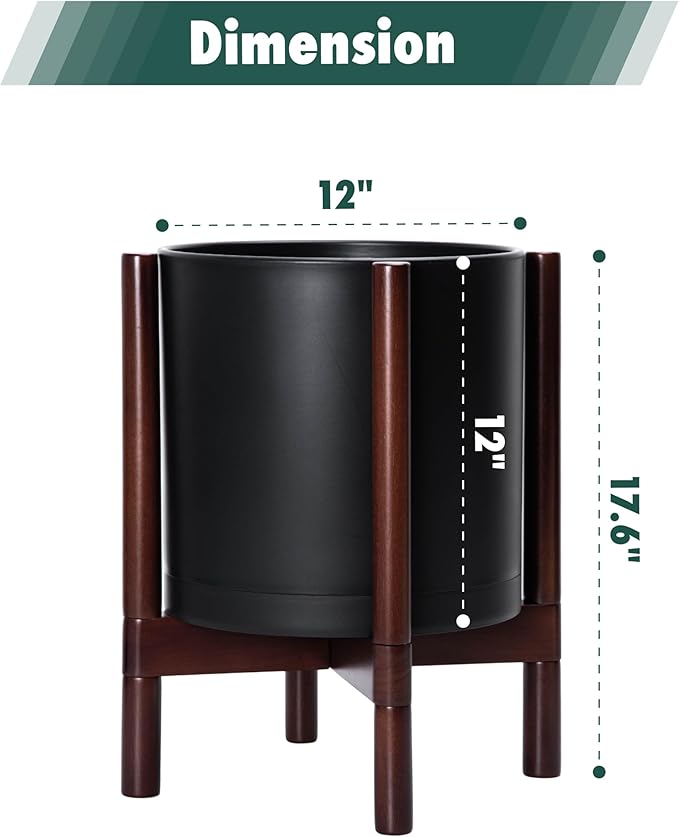D'vine Dev Planter Pot with Stand - 12 Inch Plastic Cylinder Flower Pot with Wood Planter Holder for Indoor, Matte Black Pot + Mahogany Stand, 55-C-O-2