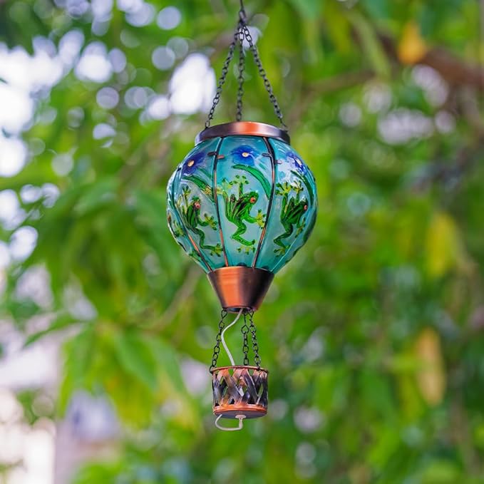 Starsoul Frog Hot Air Balloon Solar Lantern with Candle Holder Glass Outdoor Solar Hot Air Balloon Flickering Flame Lamp Hanging Garden Light Waterproof for Lawn Porch Tree Yard Decorations