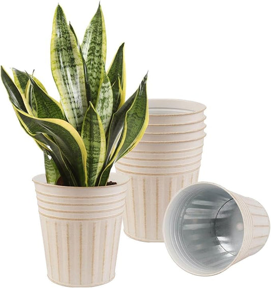 vensovo 7 Inches Beige Metal Rustic Flower Pots - 6 Pcs Medium Galvanized Planters with Drainage Hole and Rubber Plug, Rustproof Tin Bucket Plant Pot Farmhouse Vintage Style for Decor