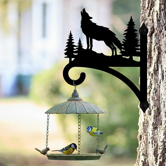 Peacoblue Iron Plant Hangers Hooks for Outdoor Indoor Hanging Plant Flower Fern Pots Lantern Bird Feeder,12"x15" Weather Resistant Metal Wall Holder for Porch Garden Farmhouse(Howling Wolf and Forest)