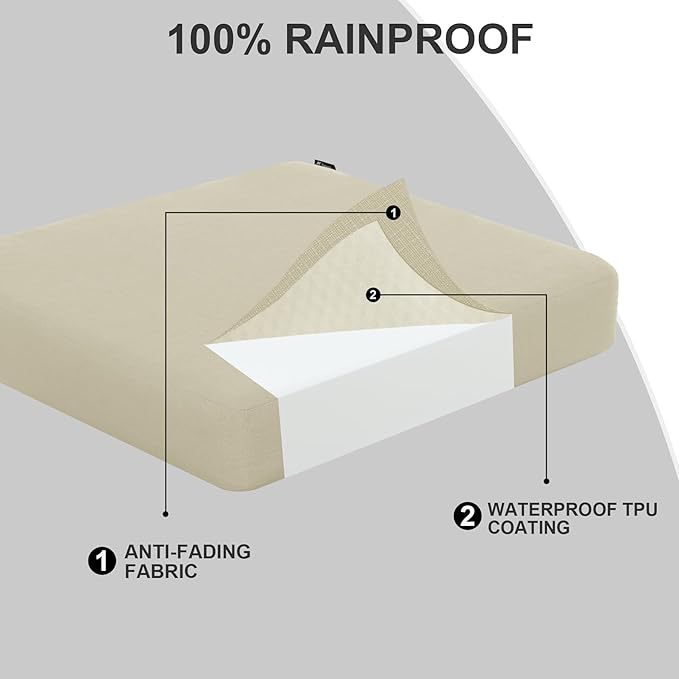 Favoyard Outdoor Chair Cushion 19 x 19 x 3 Inch Rainproof & 3-Year Fade Resistant Patio Furniture Cushions with Removable Cover and Adjustable Ties for Garden Sofa Couch Pads Set of 2, Beige