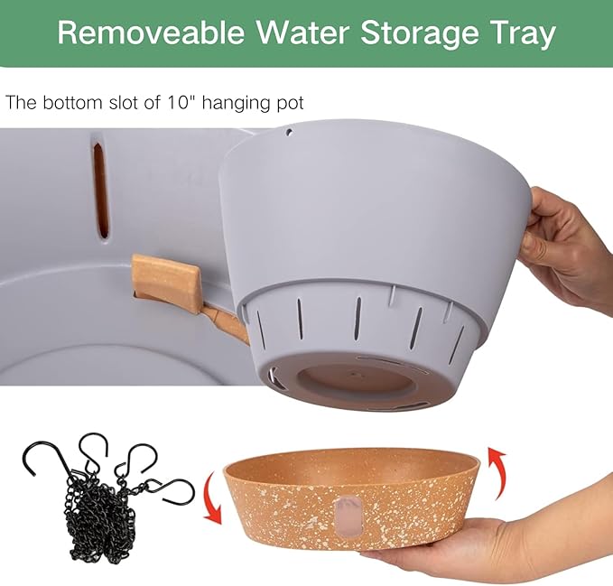 QCQHDU 2 Pack 10 inch Hanging Planters for Indoor Plants, Outdoor Hanging Baskets, Self Watering Pots with Drainage Holes & Removable Tray (Light Grey, 10 inch)