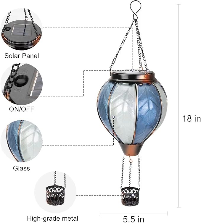 pearlstar Hot Air Balloon Solar Lantern with Flickering Flame Light Outdoor Solar Hanging Lights Waterproof for Garden Yard Farmhouse Outside Decoration,Stained Glass Blue and White