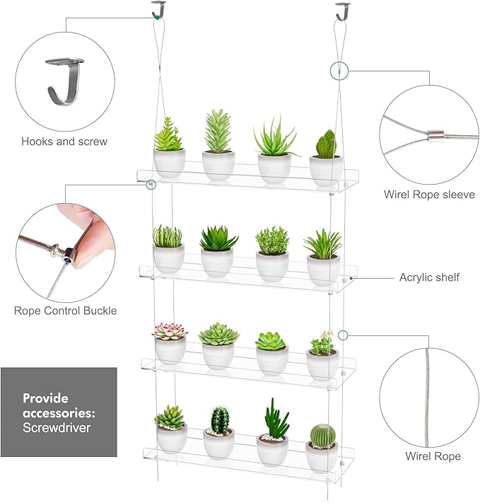4-TierClear Plant Shelves, Height Adjustable Hanging Acrylic Indoor Wall Hanging Plant Stand Flower Display, Flower Pot Organizer Storage for Window Grow Herbs, Microgreens, Succulents, 16 Inch