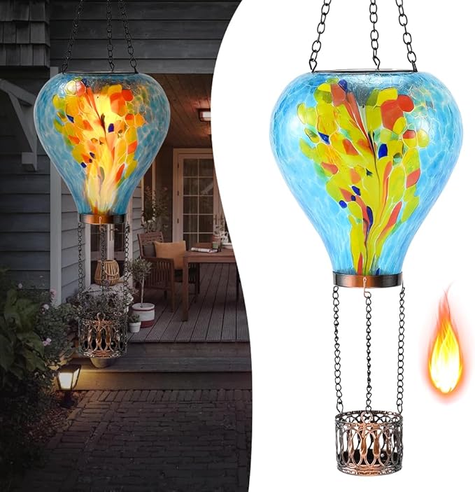 Hot Air Balloon Solar Lantern - Stained Glass Lantern with Simulated Flickering Flame, Outdoor Hanging Yard Light Waterproof IP65 & Weather Resistant for Garden Patio Lawn Porch Decor Gfit