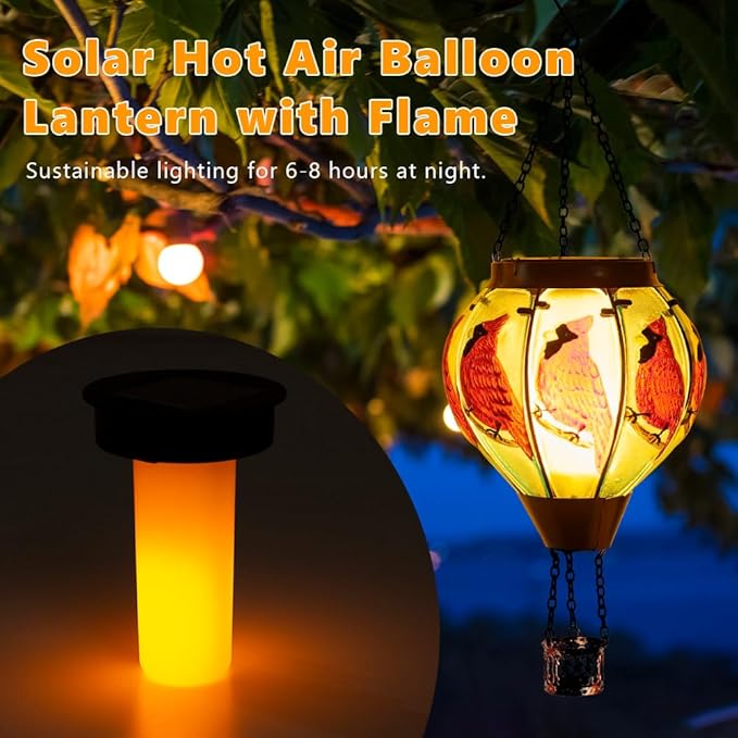 Starsoul 2 PC Cardinal Hot Air Balloon Solar Lantern with Flame Glass Outdoor Hanging Hot Air Balloon Solar Light Waterproof Garden Patio Yard Party Decorations