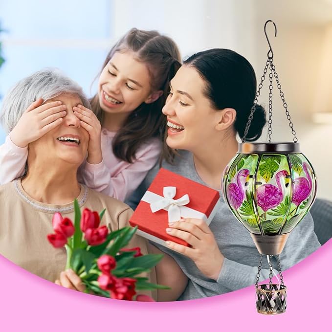 Flamingo Solar Hot Air Balloon Flickering Flame Hanging Garden Light,Glass Hot Air Balloon Solar Lanterns Outdoor Waterproof for Patio Tree Yard Decor,Flamingo Lantern Birthday Gifts for Women