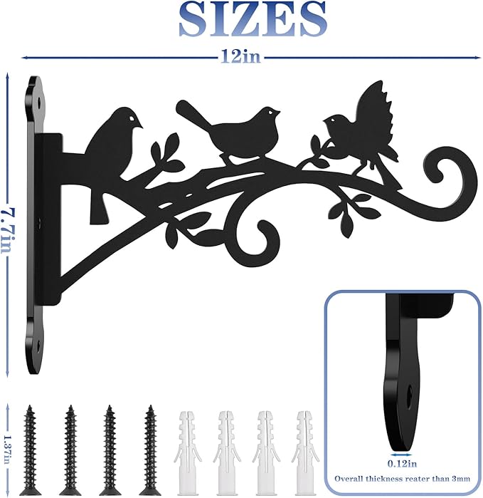 Metal Hanging Plant Bracket with Birdie Pattern 2 Pack – Heavy Duty Plant Hooks for Hanging Flower Baskets，Plants, Bird Feeder, Wind Chime - Indoor/Outdoor Use，Black Matte Texture (12 in)