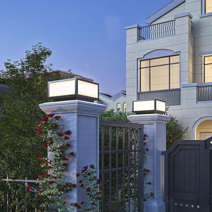 Pillar Lamp Post Light, Tempered Glass Shade，Fence Deck Cap Light Lantern Column Lamp for Flat Surface Patio Garden Decoration with IP55 Waterproof E26 LED Bulb (Electric Powered)