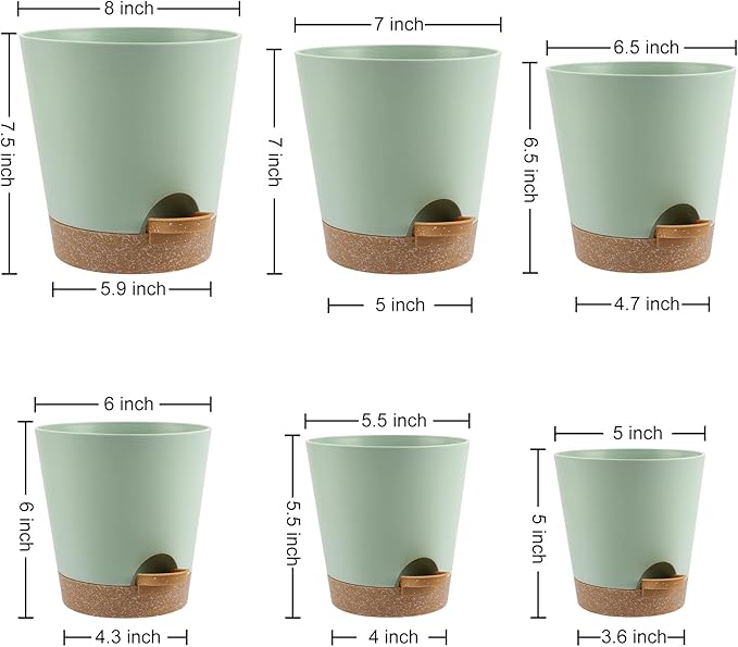Indoor Self Watering Planters with Drainage Holes and Saucers, 8, 7, 6.5, 6, 5.5, 5 Inches, Green, 6 Pots
