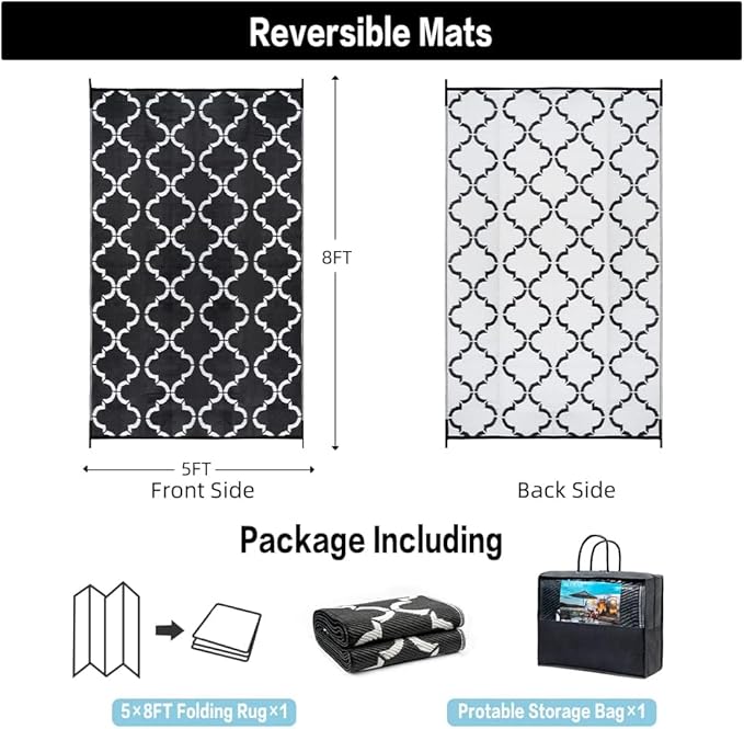 Outdoor Plastic Straw Rug, Waterproof Mat, Washable Large Floor Mat and Rug for Outdoors, RV, Beach, Patio, Camping, Backyard, Deck, Picnic, Indoor Outside (5x8ft,Lantern/Black&White)