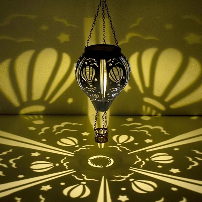 Hot Air Balloon Solar Lantern, Hollow Out Solar Powered Hot Air Balloon Lantern Outdoor Waterproof, Blue Metal Hanging Hots Airs Balloons Solars Light for Outdoor Patio Garden Decor