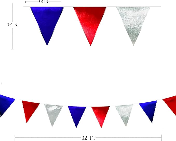 Red Blue Silver Party Decorations Metallic Fabric Triangle Pennant Banner Flag Bunting Garland for Graduations 4th of July American USA National Day Patriotic Veterans Birthday Outdoor Party Supplies