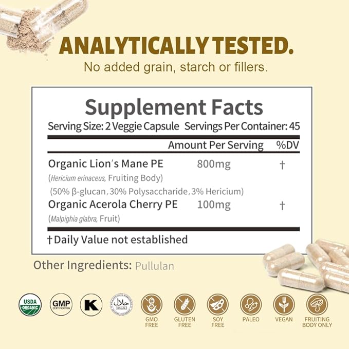 Herbal Treasure Lions Mane Supplement Capsules, 800mg Lions 90 Caps