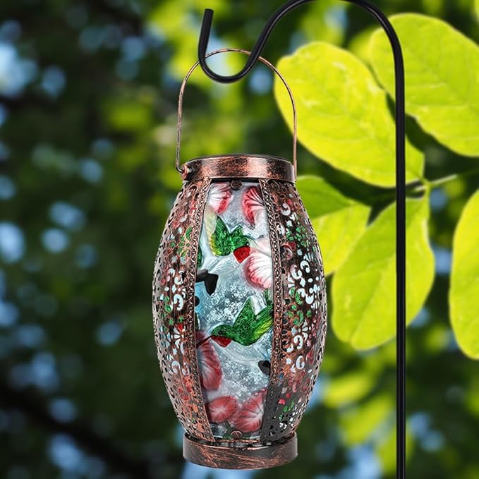 2PCS Hummingbird Solar Lanterns Glass & Metal Hanging Light Outdoor Waterproof 16" H Tabletop Lamp with Hollowed-Out Design with Shepherd's Hooks for Garden Patio Table Decor
