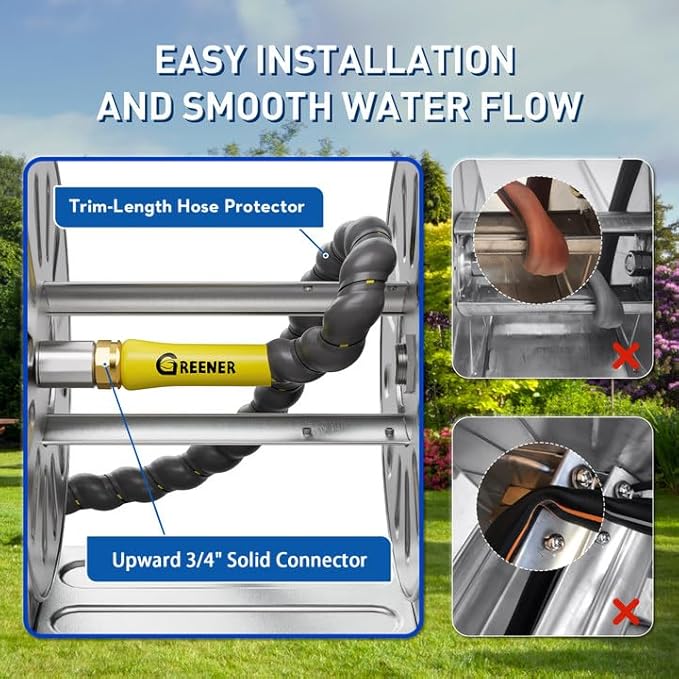 GREENER Stainless Steel Hose Reel for Outside,Wall Mount Garden Hose Holder Heavy Duty Metal Reel, 3/4" Solid Connector with 5/8" Inlet Hose and Crank,100-Feet 5/8" Hose Capacity