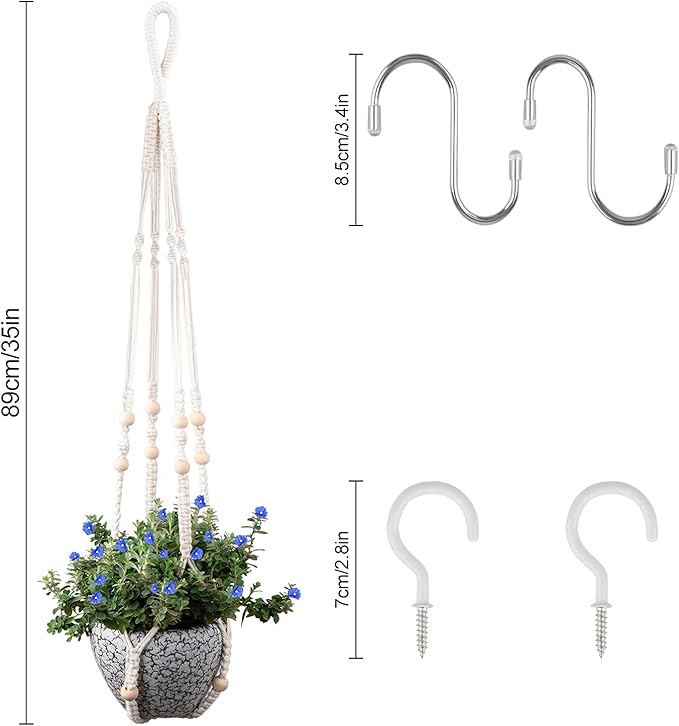 RIFNY Macrame Plant Hanger for 5 to 10 Inch Plant Pots, 35 Inch Indoor Handmade Woven Rope Hanger Kits with Hooks and Wood Beads, Hanging Planter Basket Holder for Boho Home Decor (White, 3 Pack)