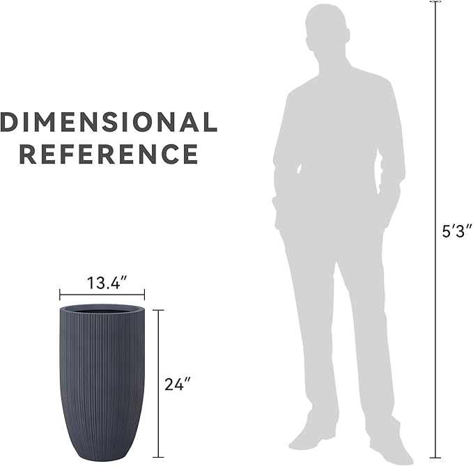 Kante 24 Inch Tall Round Concrete Planter, Large Indoor Outdoor Plant Pots with Drainage Hole and Rubber Plug, Modern Decorative Garden Pots for Home Patio Porch, Textured Charcoal