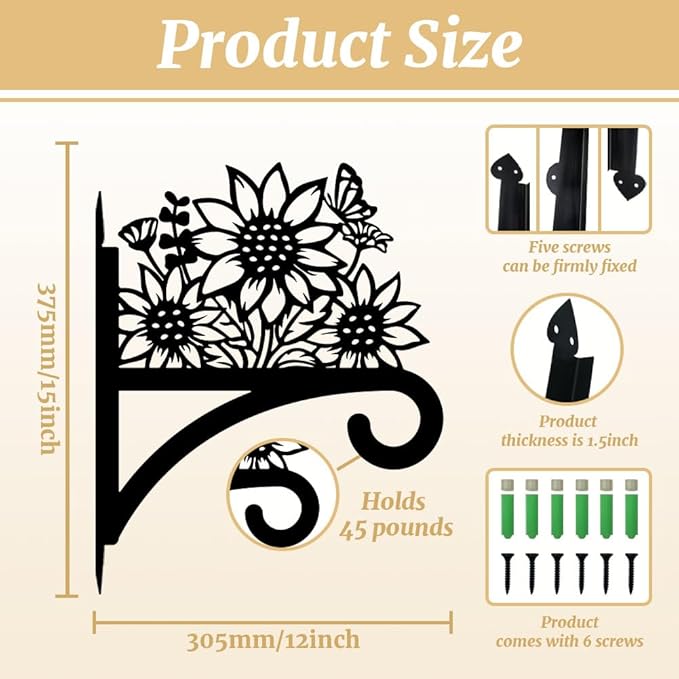 Peacoblue Iron Plant Hangers Hooks for Outdoor Indoor Hanging Plants Flower Fern Pots Lantern Bird Feeder Wind Chimes, 12"x15" Weather Resistant Metal Wall Holder for Porch Garden Farmhouse(Sunflower)