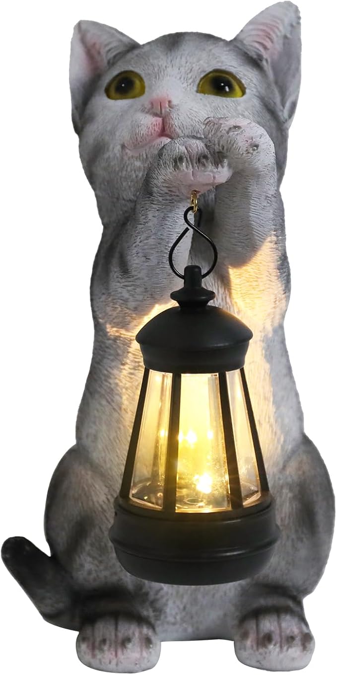 Afirst Solar Cat Statue Garden Decor, Outdoor Statue Decor with Solar Lantern Lovely Cat Figurine Patio Lawn Yard Art Ornaments Housewarming Gift