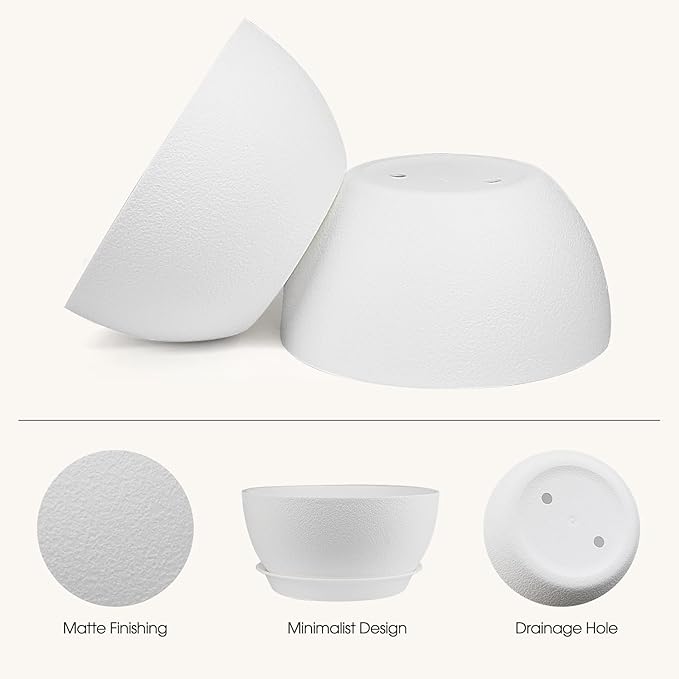 10 inch Plant Pots Pack of 2, Plastic Planter with Drainage Holes and Saucers, Plant pots for Indoor Outdoor Use, Flower Pots for All House Plants (White)