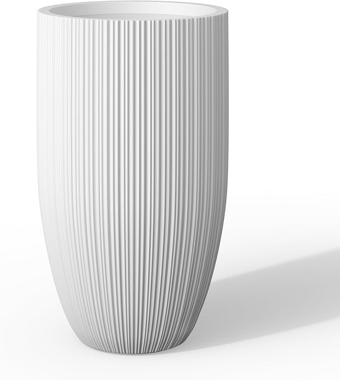 Kante 24 Inch Tall Round Concrete Planter, Large Indoor Outdoor Plant Pots with Drainage Hole and Rubber Plug, Modern Decorative Garden Pots for Home Patio Porch, Textured White