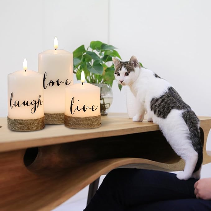 Battery Operated Flameless Flickering Candles with Remote Timer, LED Real Wax Pillar Candlesticks with Realistic 3D Wick, Set of 3 Live Laugh Love Home Decor(D3xH4 5" 6")
