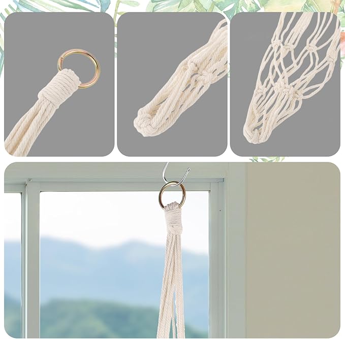 Macrame Plant Hanger, 2 Pack Boho Hanging Planters Baskets for Indoor Plants Decorative Braided Cotton Rope Flower Pot Holder with Metal Hook Rings for Outdoor Home Decor, No Tassels, Ivory, 34 Inchs