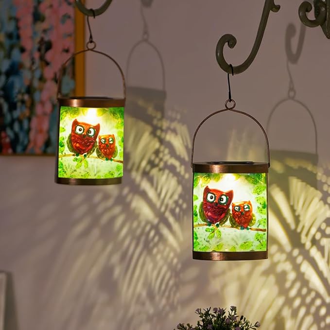 Starsoul 2 Pack Hanging Solar Lantern Outdoor Waterproof Owls Nestled on Branch Glass Decorative Solar Lights for Outside Garden Yard Table Patio Decor