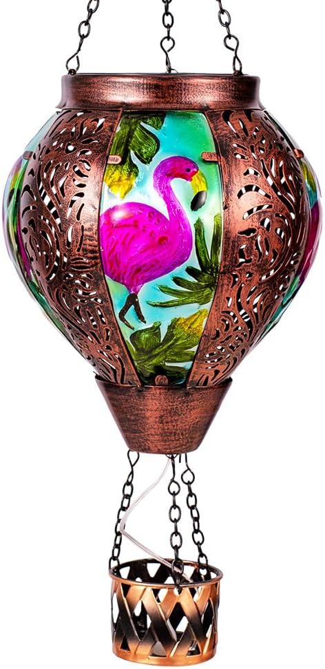 Flamingo Hot Air Balloon Solar Lanterns Outdoor Waterproof,Metal Garden Decor Solar Hot Air Balloon Lantern with Flame Flickering Lights for Patio,Porch,Yard Decor Mother Day Gifts for Women