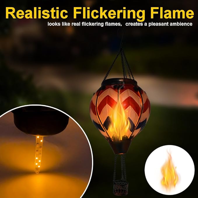 2PC Hot Air Balloon Solar Lantern with 2PC Shepherd Hook, Flickering Flame Hanging Solar Lanterns Outdoor Lights Waterproof Lanterns for Garden Patio Yard Party Decor (Wavy-Gray&Navy&Red)