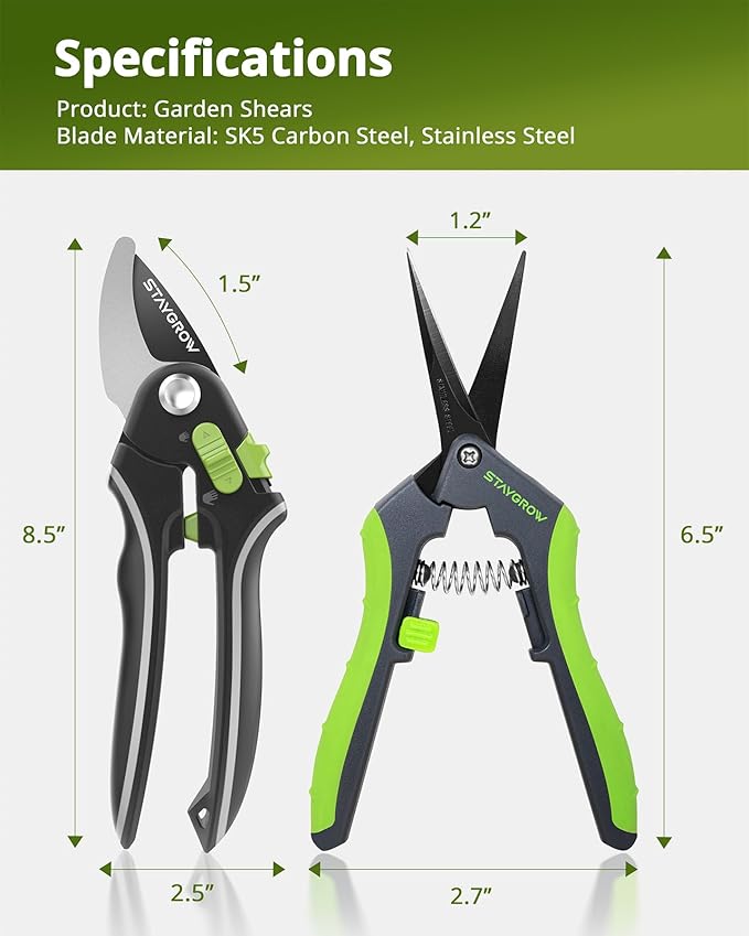 Garden Shears Set: 8.5" Bypass Pruning Shears & 6.5" Straight Trimming Scissors, Ultra-Sharp Garden Scissors with Stainless Steel Blades, Safety Lock, Gardening Gifts for Women Men, 2 Pack