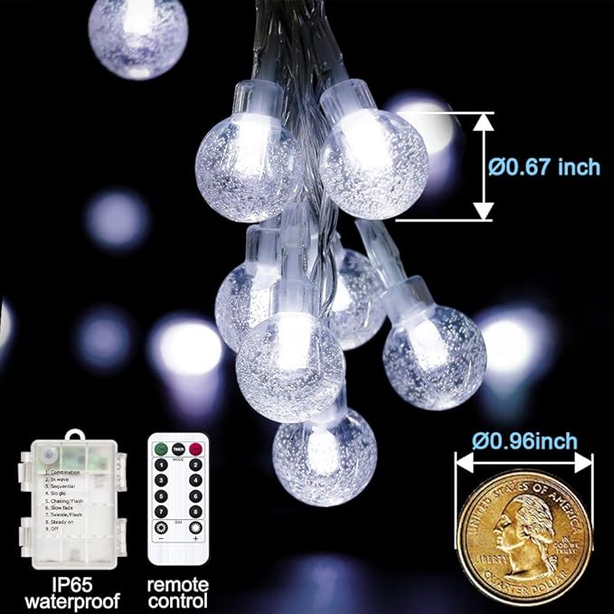 YoTelim Globe String Lights Battery Operated ，2 Pack 26.2FT 60 LED Cool White Water Proof Crystal Ball Outdoor String Lights with Remote Control for Home, Patio,Party, Christmas, Garden Decor