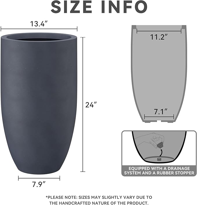 Kante 24 Inch Tall Round Concrete Planter, Large Indoor Outdoor Plant Pots with Drainage Hole and Rubber Plug, Modern Decorative Garden Pots for Home Patio Porch, Charcoal