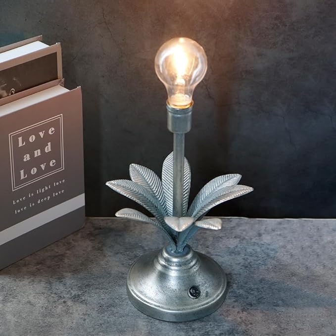 JHY DESIGN Battery Operated Lamp 13''H Vintage Decorative Cordless Lamp with LED Bulb Small Table Lamp for Bedroom Living Room Bedroom Kitchen Wedding Patio Home Decor (Antique Silver)