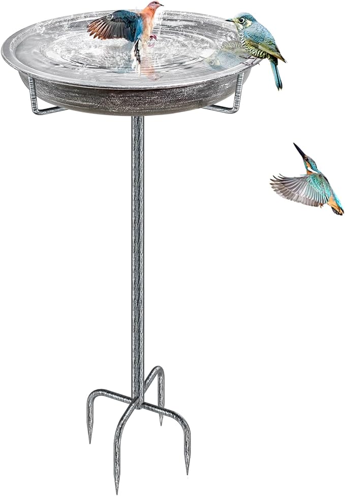 Metal Bird Bath for Outdoors Garden Birdbath Bowl, 36.2" Height Freestanding Bird Feeders for Outside with 4 Prongs Base Stake, Standing Birdfeeders for Yard Lawn Decor (Retro Silver)