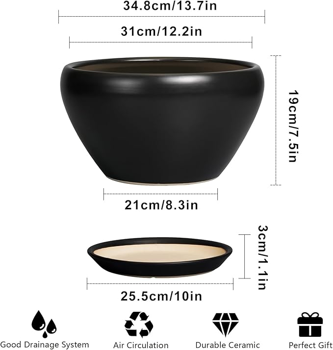 Ceramic Pot for Plants Large - 13 Inch Plant Pot Indoor with Drainage Hole and Saucer Round Planter Decorative Planter Outdoor Flower Pot for House Decor Balcony Black